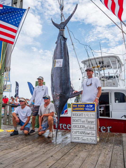 Free Ranger's 597-pound blue marlin at Big Rock Landing on Day 3 of the 2026 Big Rock Blue Marlin Tournament — photo by Carolina Sportsman.