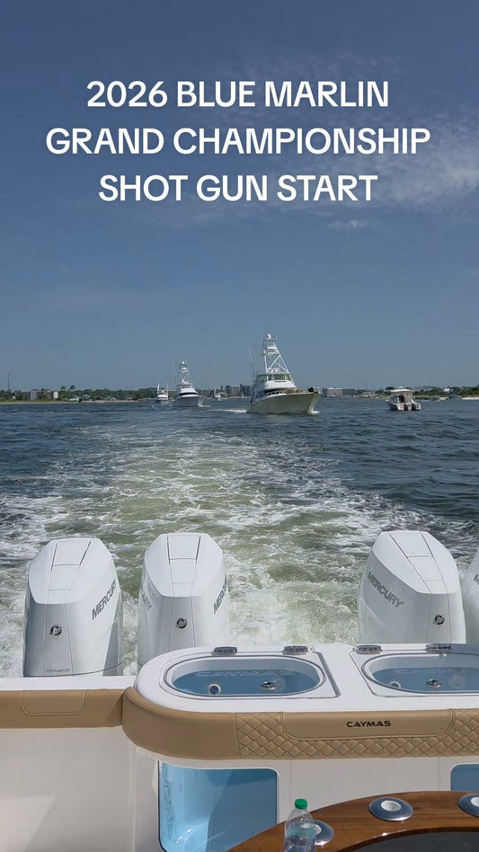 Sportfishing fleet runs out of Perdido Pass at the shotgun start of the 2026 Blue Marlin Grand Championship, Orange Beach, Alabama