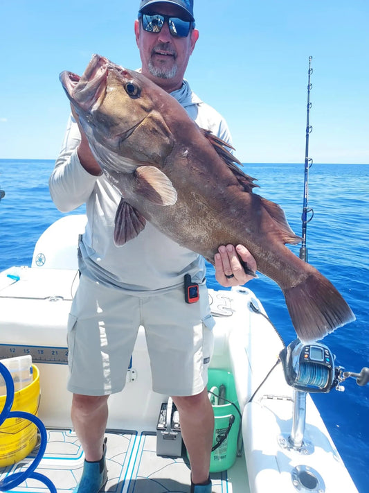 Snowy grouper boated on a deep-drop trip over offshore ledges — credit FishOn