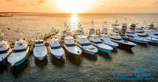 The 2026 Emerald Coast Blue Marlin Classic fleet at Sandestin's Baytowne Marina at sunset after Tropical Storm Arthur pushed the shotgun start to Saturday, June 20.