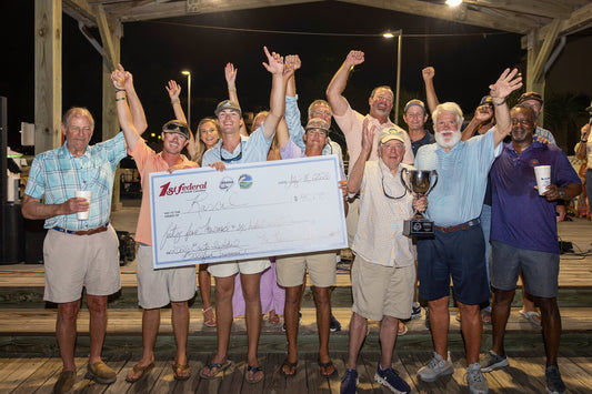 Team Rascal celebrates with the $45,670 winner's check and the 1st Place Boat trophy at the 2026 Edisto Invitational Billfish Tournament awards ceremony. Photo: South Carolina Governor's Cup Billfishing Series.