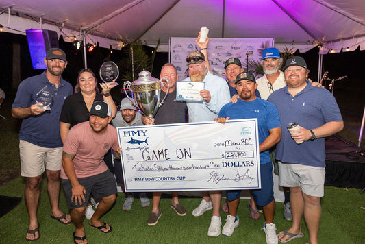 The Game On team holds the $281,700 ceremonial check after winning the 2026 HMY Lowcountry Cup at the May 30 awards ceremony. Photo: The Buckskin Billfish / SC Governor's Cup Billfishing Series.