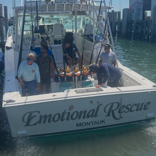 The sportfishing boat Emotional Rescue idles back toward the dock at the 2026 Montauk Canyon Challenge