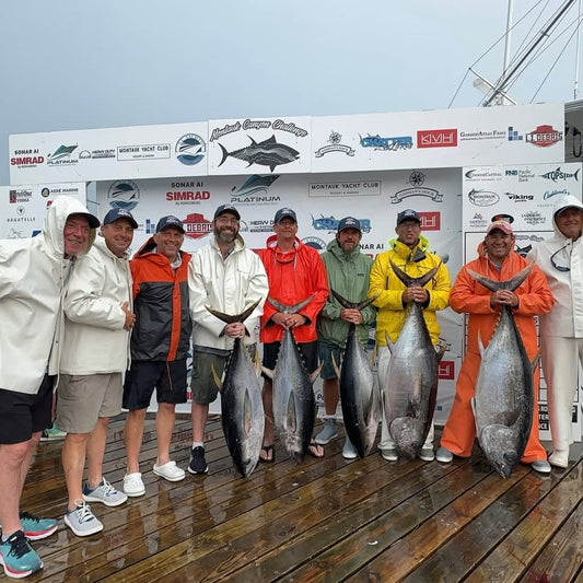 Anglers on the Montauk Canyon Challenge weigh stage with yellowfin and bigeye tuna