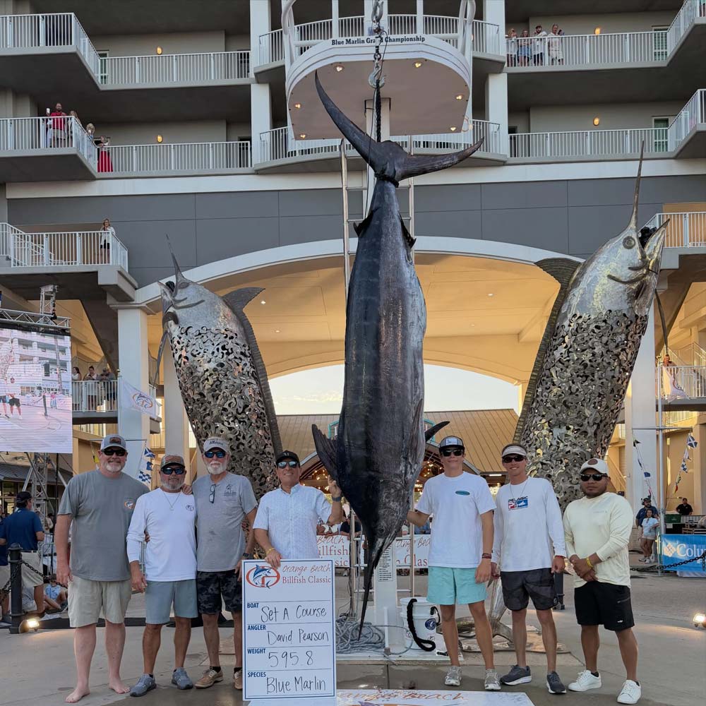 Set A Course crew on the 2026 Orange Beach Billfish Classic awards stage at The Wharf with the 595.8-pound blue marlin and the championship winner board