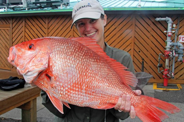 A recreational angler holding a large red snapper (Lutjanus campechanus) — the verified species photo from NOAA Fisheries' red snapper page, courtesy Florida Fish and Wildlife Research Institute