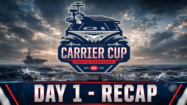2026 SFC Charleston Carrier Cup — Day 1 Recap. USS Yorktown carrier on the Charleston harbor with the Carrier Cup logo overlay.